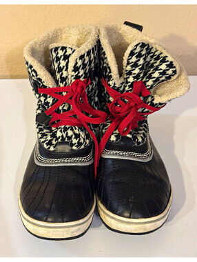SOREL Women 10.5 Houndstooth Winter Boots Waterproof Black Red Laces NL1821